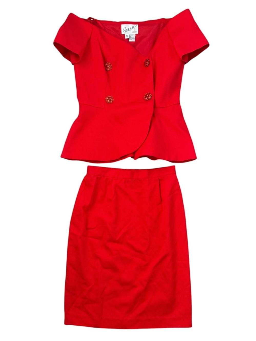 Scaasi Vintage Coral Off Shoulder Top And Skirt Set Dress